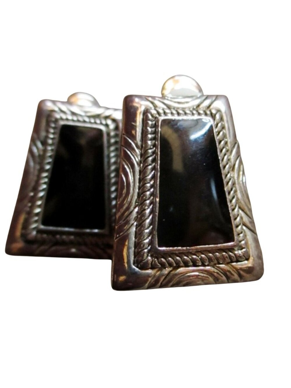 Clip-On Earrings Vintage Premier USA With Black Onyx & Ornate Silver-Toned